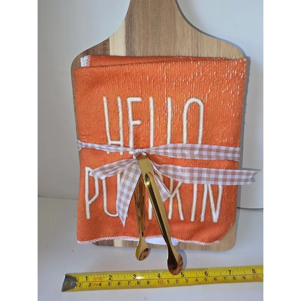Hello Pumpkin Fall Kitchen Gift Set Wood Cutting Board Towel & Gold Tongs